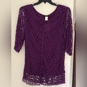 NWT! Jennie & Marlis Woman Purple Cotton Crochet Tunic V-Neck Open-Knit Boho